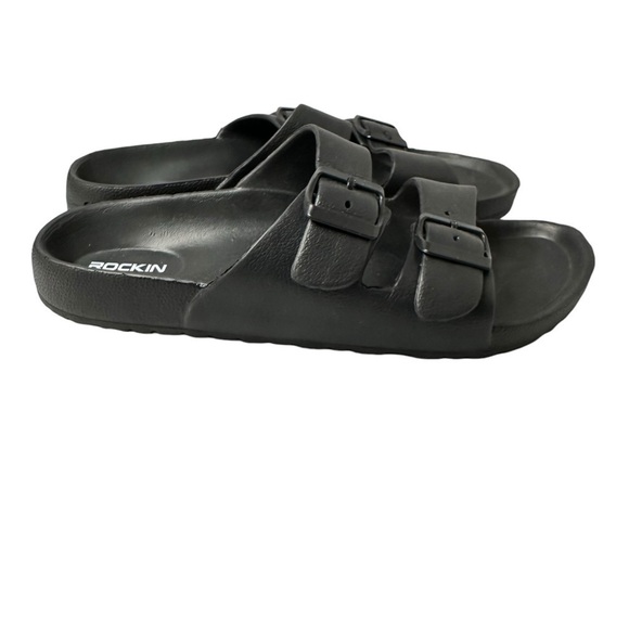 Rockin Huntington Buckle Slides Adjustable Black Rubber Unisex Size 42 US 11W 9M - Picture 3 of 9